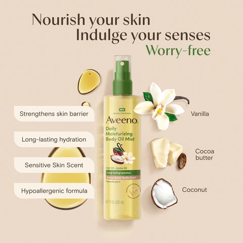 Daily Moisturizing Body Oil Mist, Cocoa Butter Vanilla Scent, Sensitive Skin Scents - 6.7oz